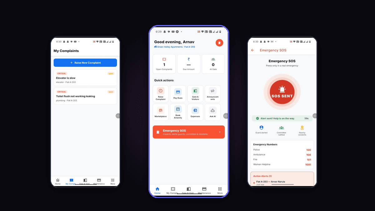 Society App smart community management mobile application and triage dashboard